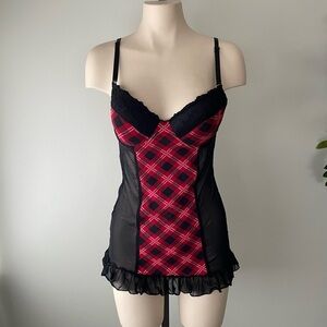 Hustler Lingerie Plaid Tartan Check Mesh Convertible Babydoll Red Black